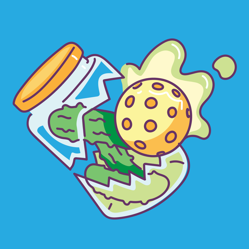 Illustration of a broken jar with green liquid spilling out and a yellow ball with orange circles inside the liquid.