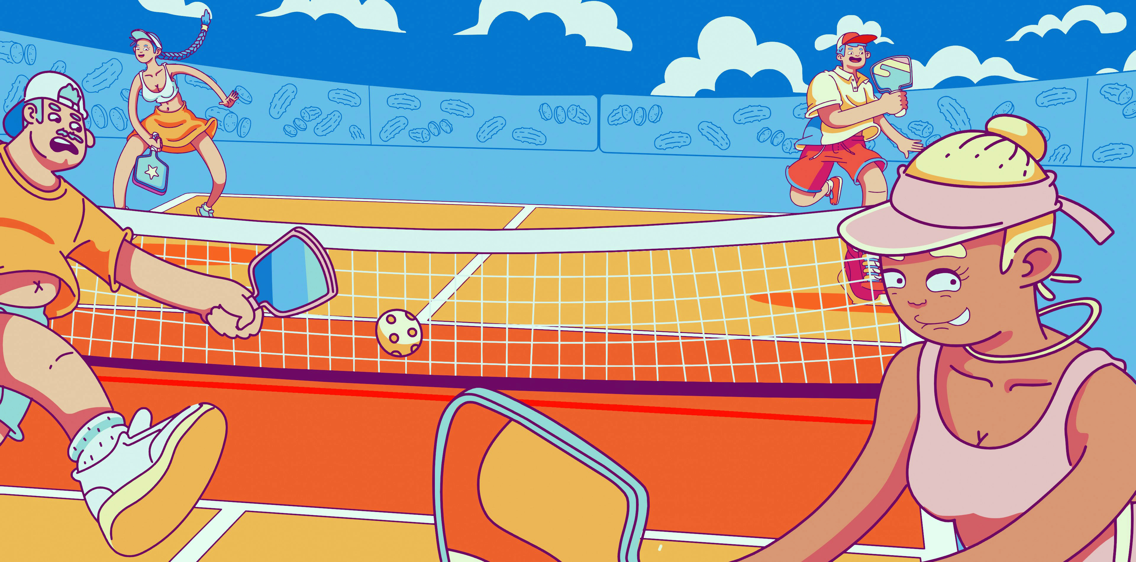 Four animated people playing pickleball on an outdoor court with paddles and a ball, under a blue sky with clouds.