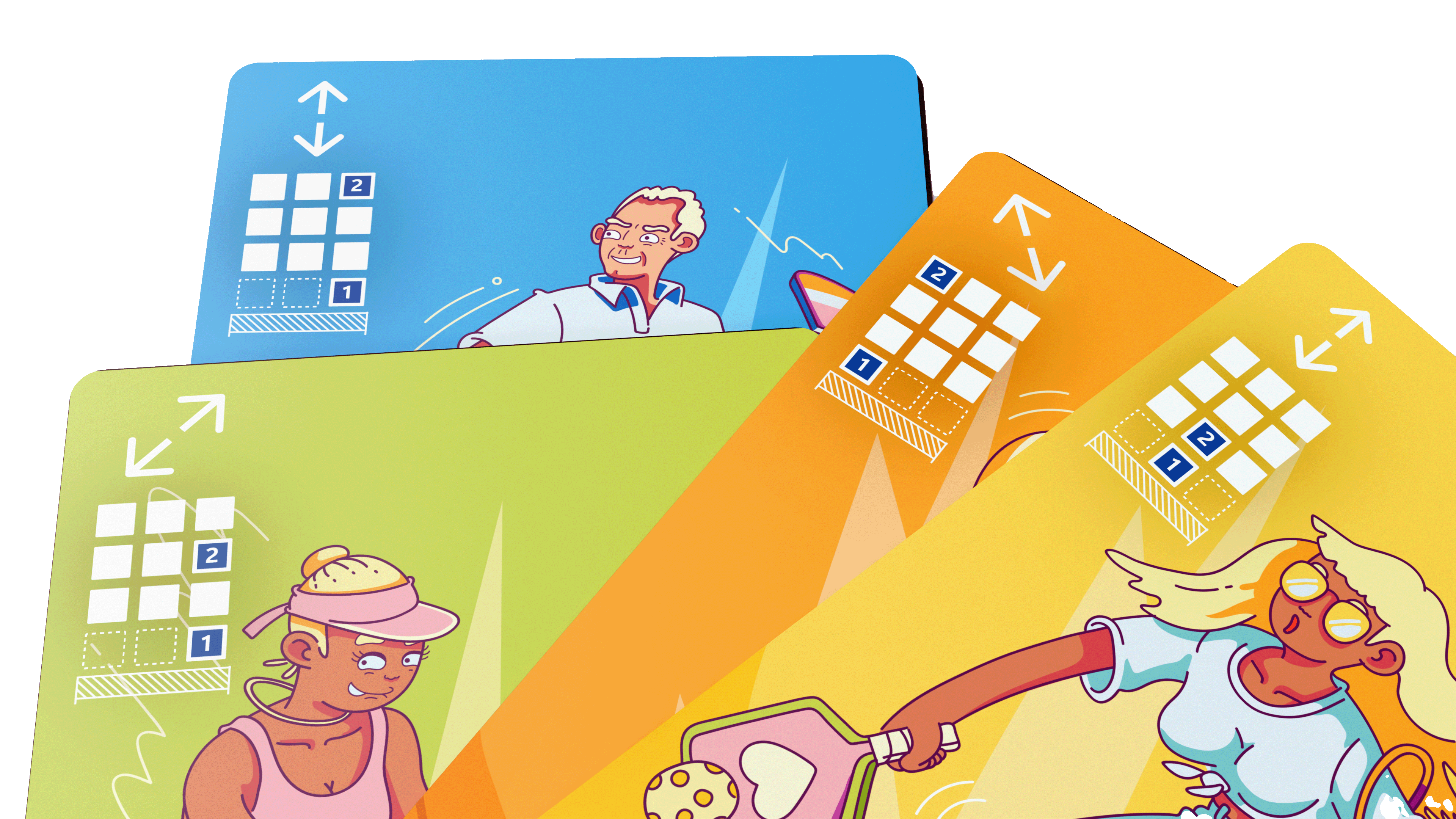 Four colorful cards depicting cartoon characters playing pickleball with directional arrows and grid icons on each card.
