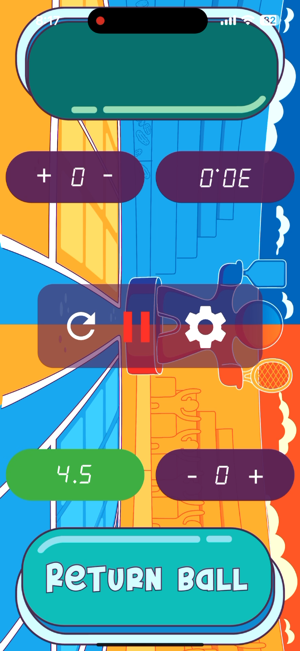 Colorful game interface with numeric controls, pause and settings icons, and a large teal button labeled 'RETURN BALL' at the bottom.
