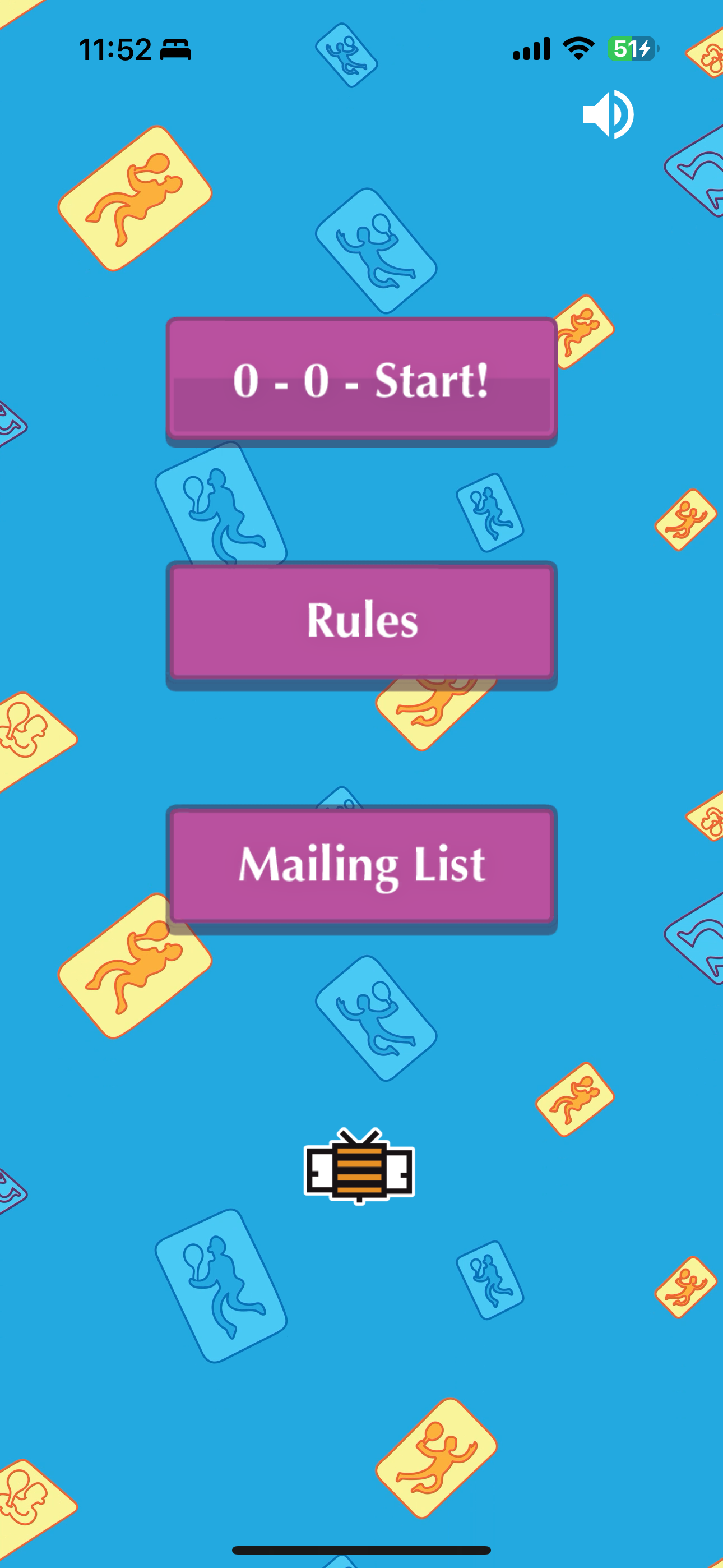 Mobile game start screen with score 0-0 and purple buttons labeled Start!, Rules, and Mailing List on a blue background with tennis player icons.