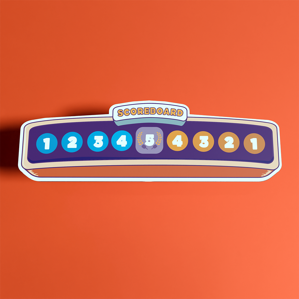 Cartoon-style scoreboard with numbers 1 to 5 in blue circles on the left, a central gray panel with number 5 and laurel leaves, and numbers 4 to 1 in brown circles on the right against an orange background.