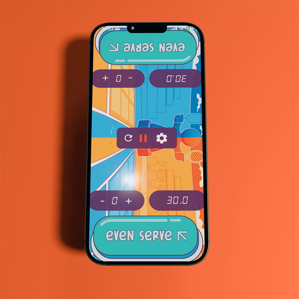 Smartphone on an orange surface displaying a colorful timer app with controls for adjusting time and a pause button.