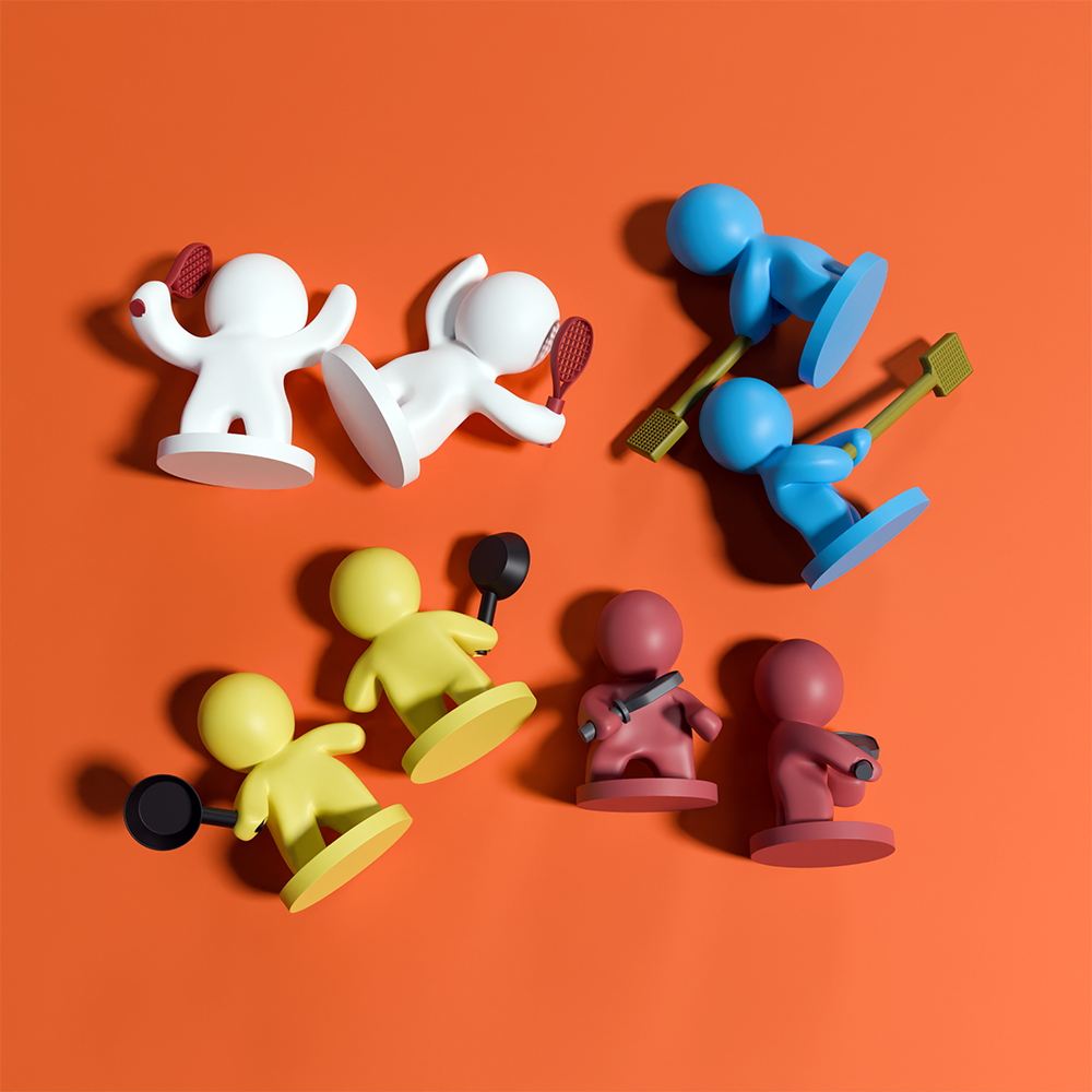 Nine colorful plastic player tokens holding different sports equipment on orange background, including white figures with tennis racquets, blue figures with pickleball paddles, yellow figures with frying pans, and red figures with shovels.