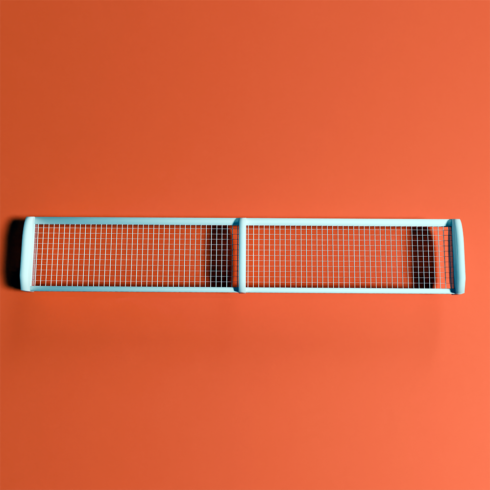 A white pickleball net stretched horizontally against a solid orange background.