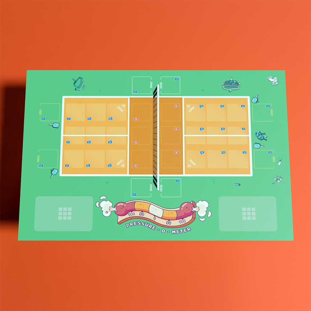 Gameboard on a green background featuring two symmetrical orange courts separated by a net, numbered blue and white markers, four ernie boxes, odd and even sections, and a central Pressure-O-Meter with steam.
