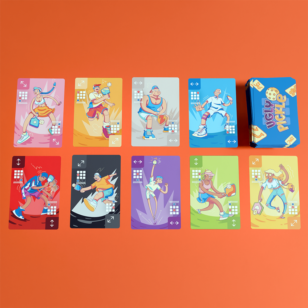 Ten colorful illustrated playing cards showing diverse cartoon characters in action poses, with a stack of cards labeled 'Ugly Pickle' on an orange background.