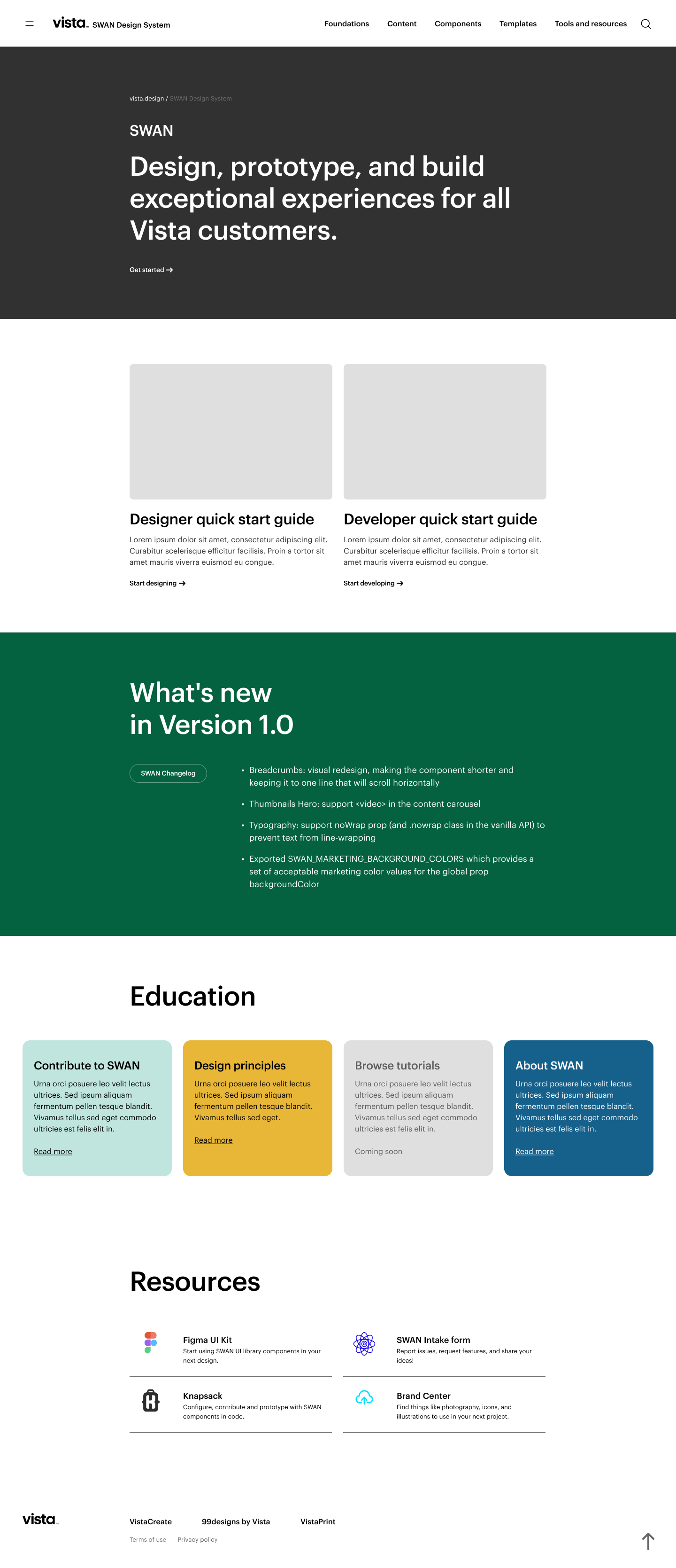 SWAN design system documentation site at 1440px showing component library layout and navigation.