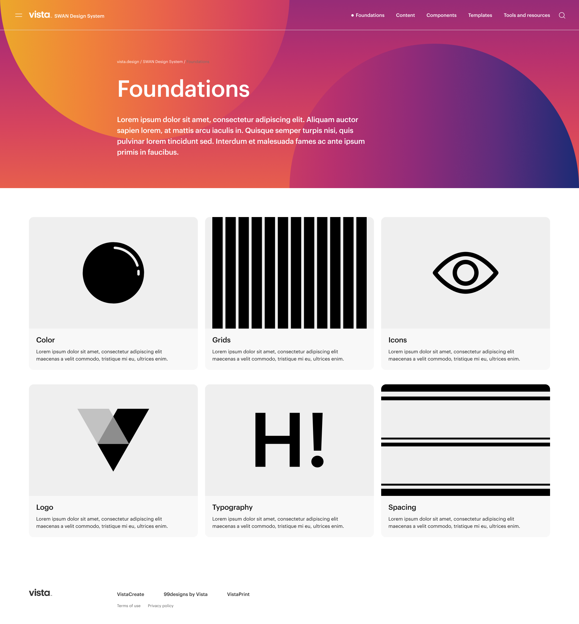 SWAN design system foundations overview page showing color, typography, and spacing documentation.
