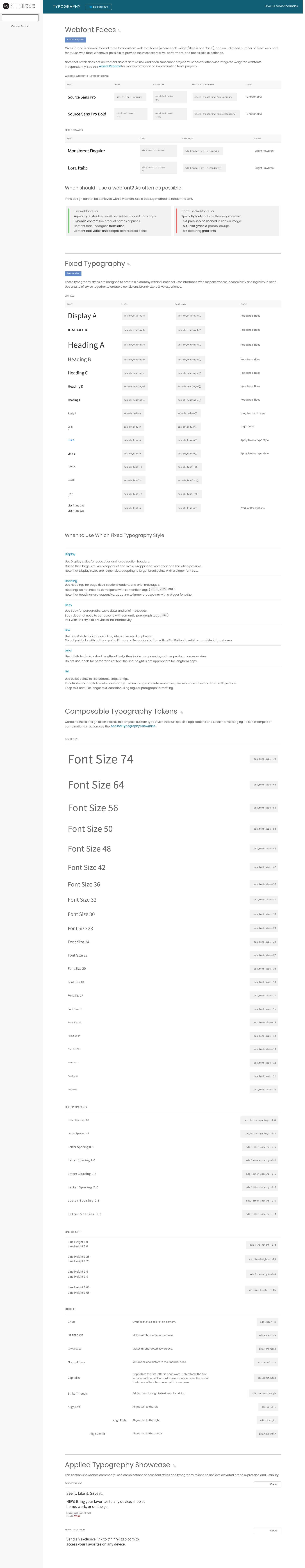 Cross-brand Stitch design system documentation page showing component specs shared across all four Gap Inc. brands.