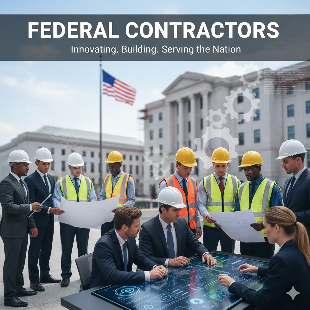 Diverse professionals in suits and hard hats on a construction site with the U.S. Capitol, reviewing blueprints and digital displays, representing federal contractors building and serving the nation."