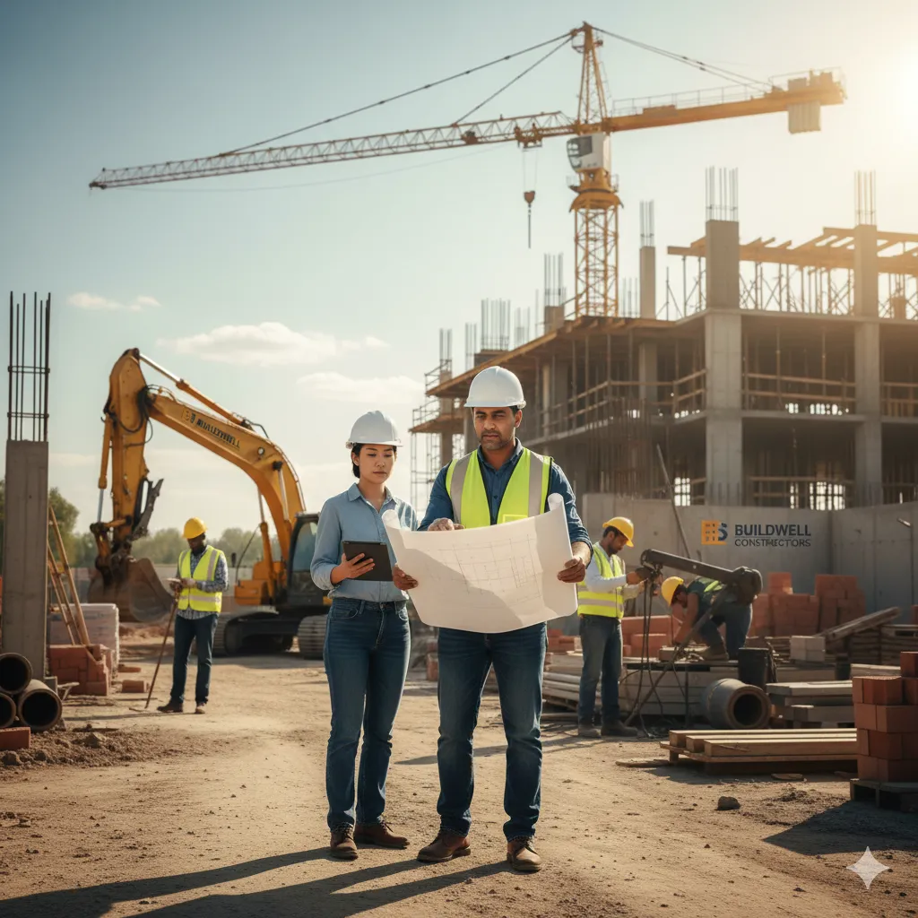 Two general contractors in hard hats and safety vests examining blueprints on a busy construction site with an excavator, crane, and building framework in the background.