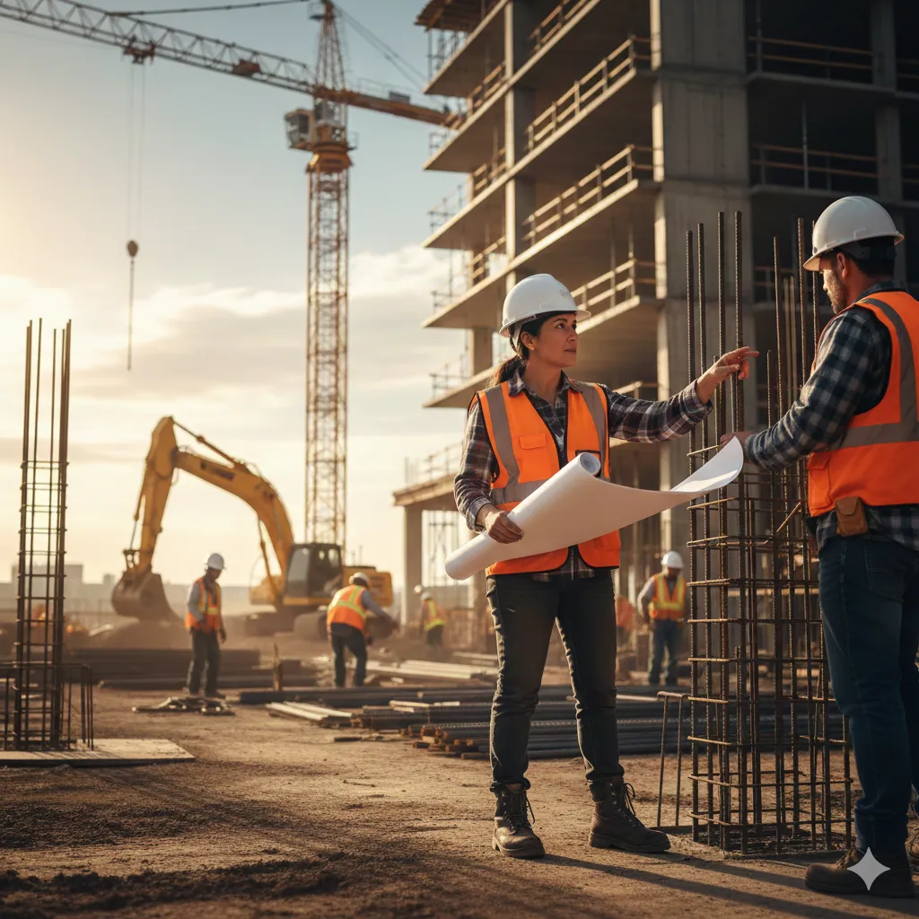 A female construction superintendent in a hard hat points to rebar while discussing blueprints with a male worker on a construction site, with a crane and unfinished building behind them.