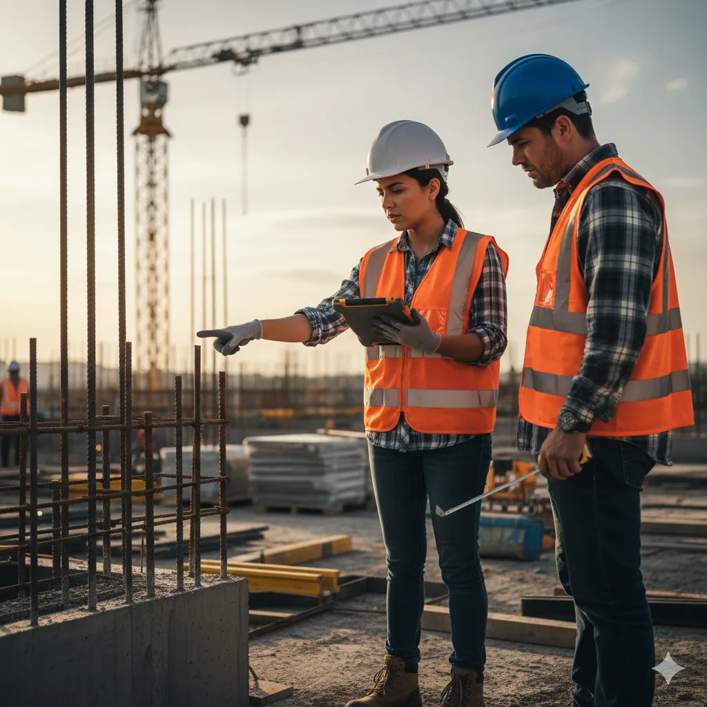 A female construction superintendent in a hard hat points to rebar while discussing blueprints with a male worker on a construction site, with a crane and unfinished building behind them.