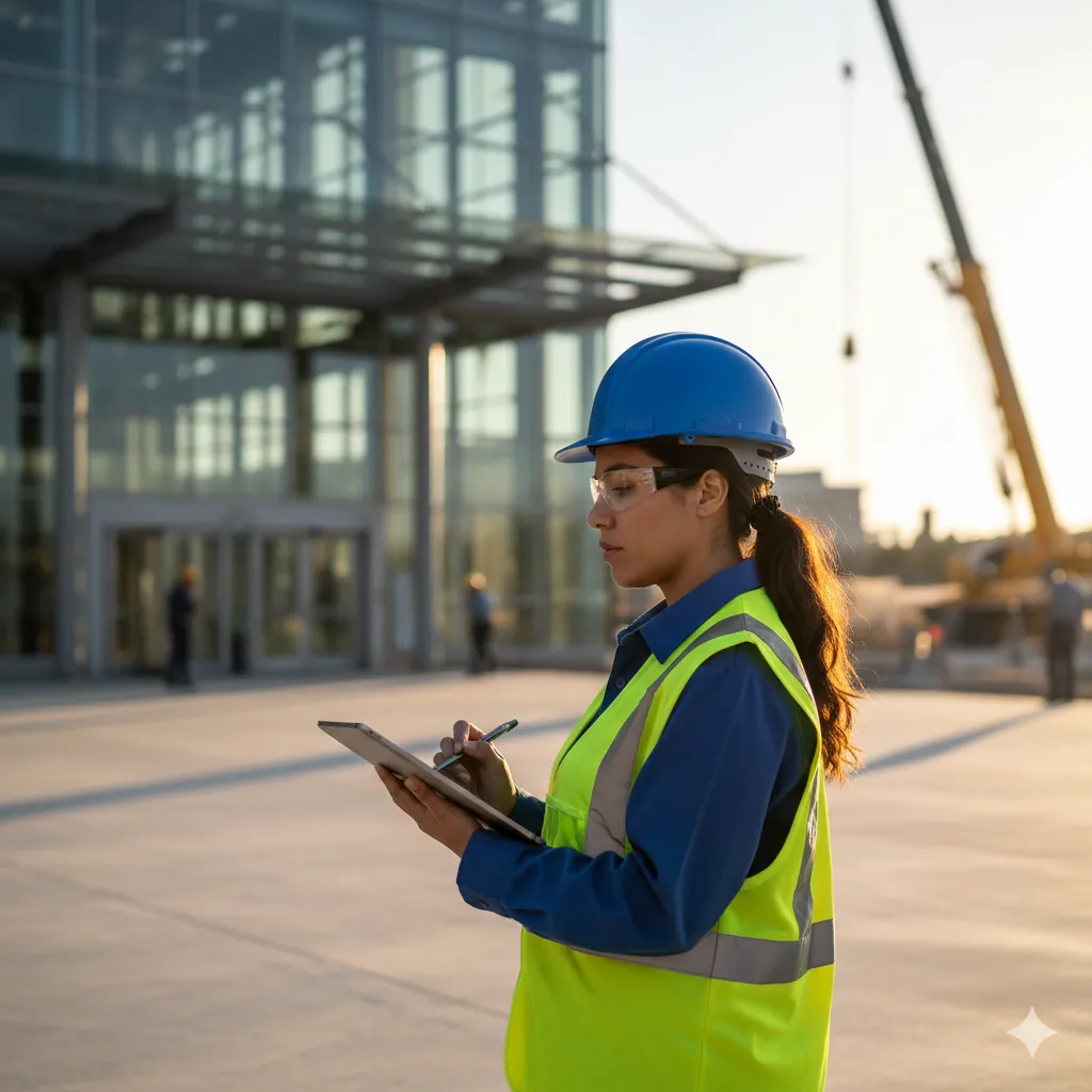 A female QC manager on a construction site uses a tablet to inspect rebar with a male worker holding a tape measure, ensuring quality control amidst construction equipment.