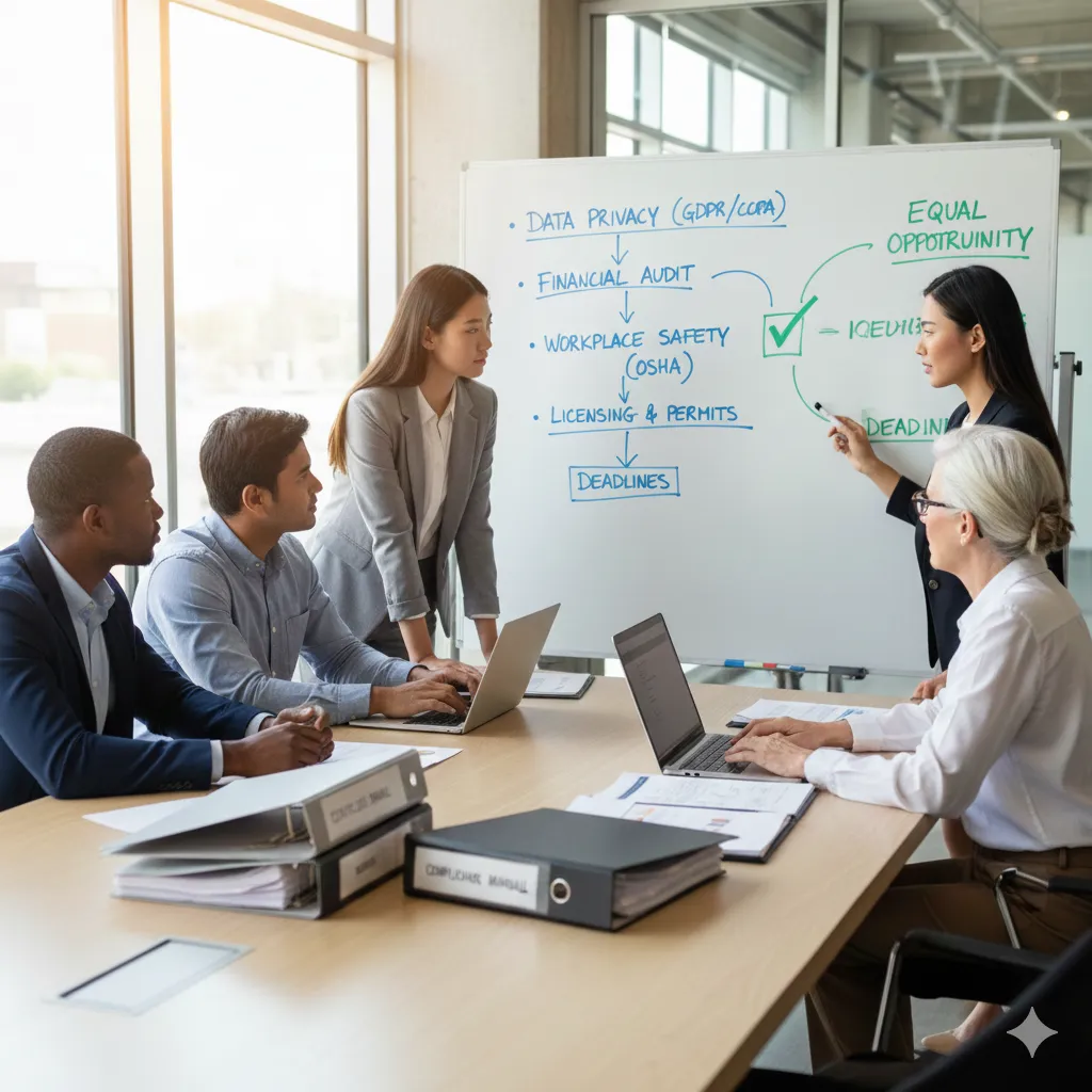 A diverse group of business professionals in an office, reviewing a whiteboard with a compliance checklist including data privacy, financial audit, workplace safety, and licensing, using laptops and binders.