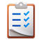 Clipboard with a checklist showing three blue checkmarks next to three blue lines.