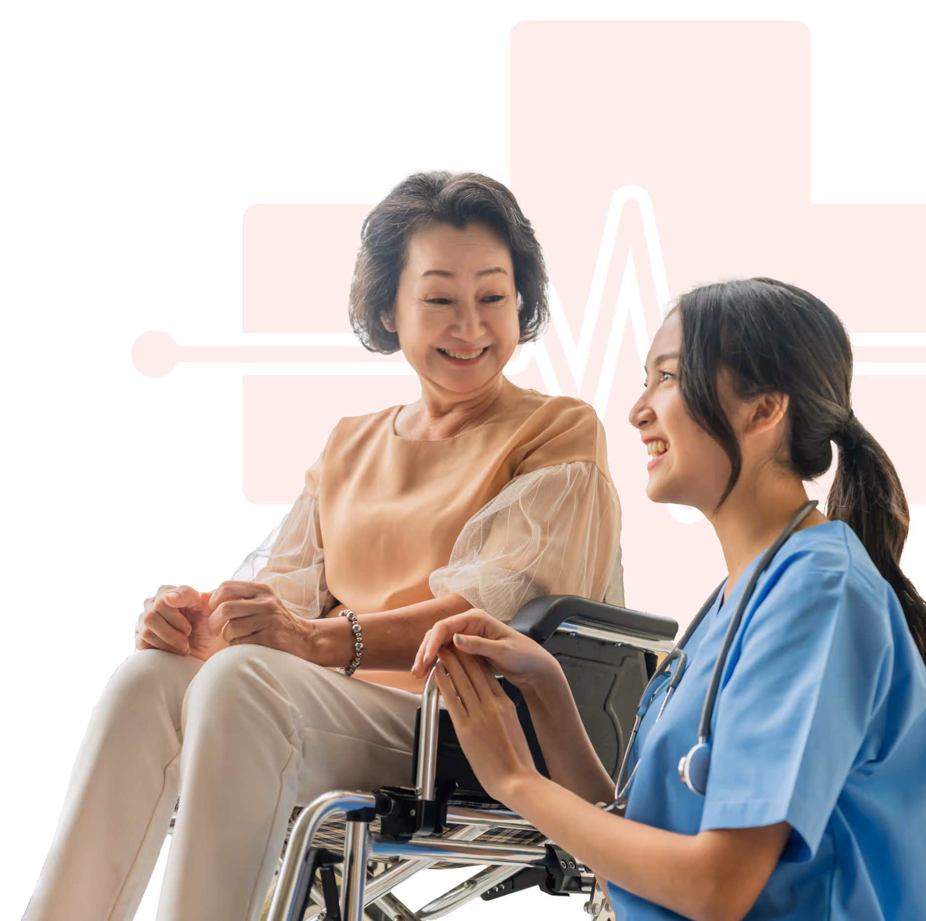 Smiling nurse in blue scrubs holding hands with an elderly woman sitting in a wheelchair, with a red medical cross and heartbeat line in the background.