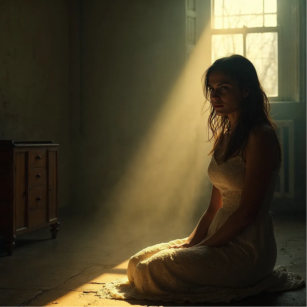 Woman in a sleeveless dress sitting on the floor in a dim room with sunlight streaming through a window behind her.