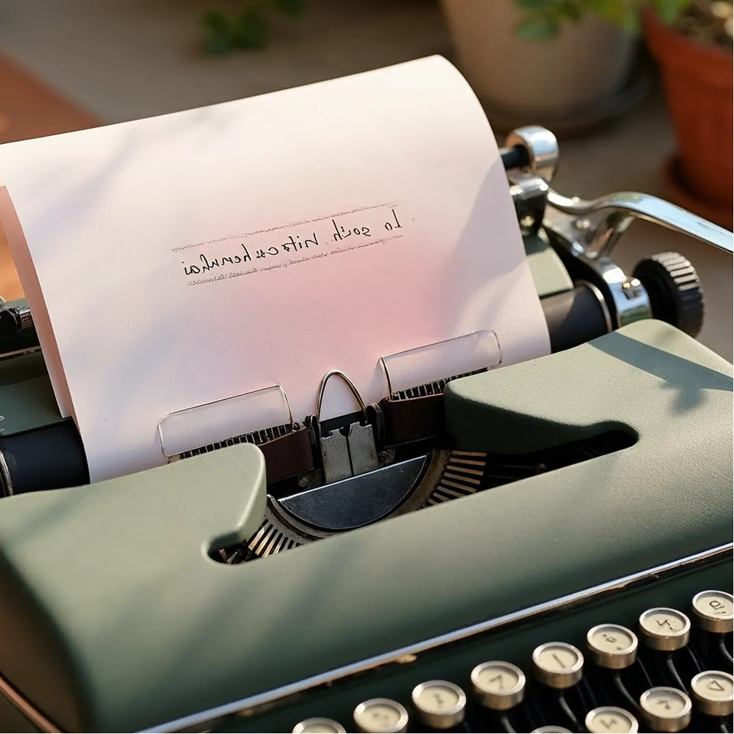 Close-up of a green vintage typewriter with a sheet of paper showing a handwritten note.