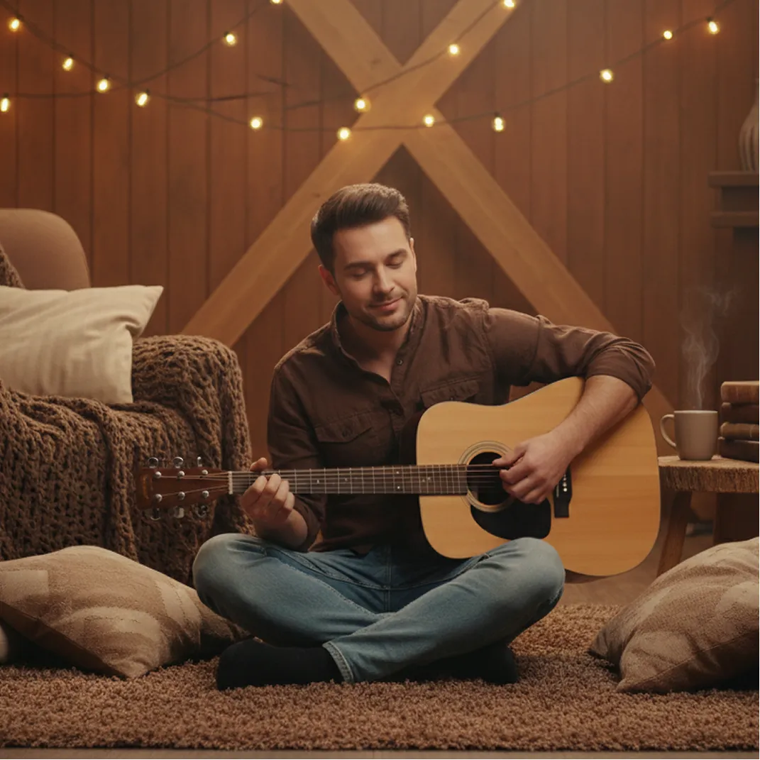Man sitting cross-legged on a carpet playing an acoustic guitar in a cozy, warmly lit room with string lights and cushions.