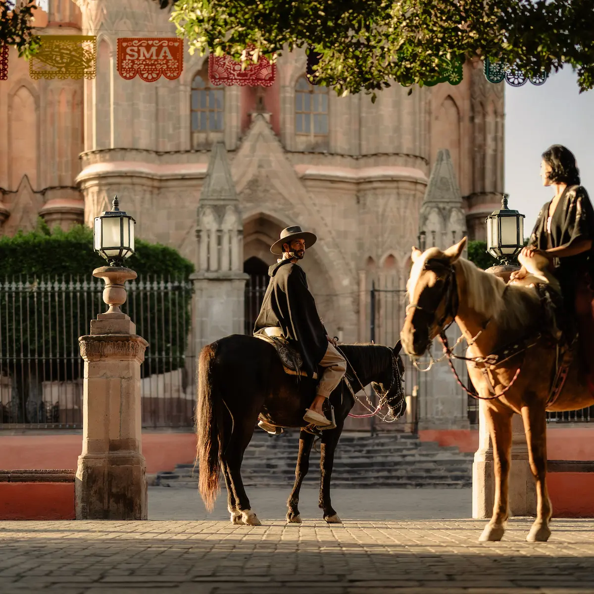 San Miguel de Allende, horseback riding, Mexico travel, Gothic architecture, traditional Mexican plaza.