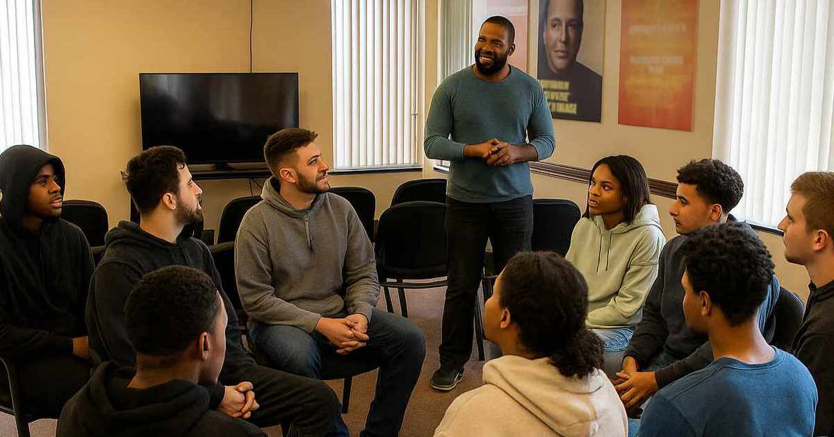 A diverse group of young adults sitting in a circle in a room while a man stands speaking to them.