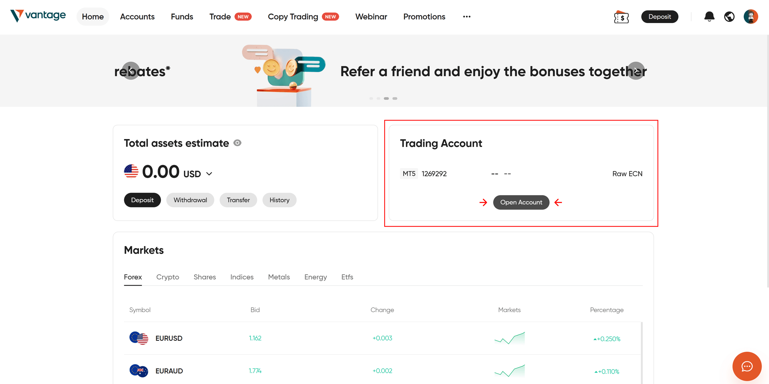 Vantage - Open account