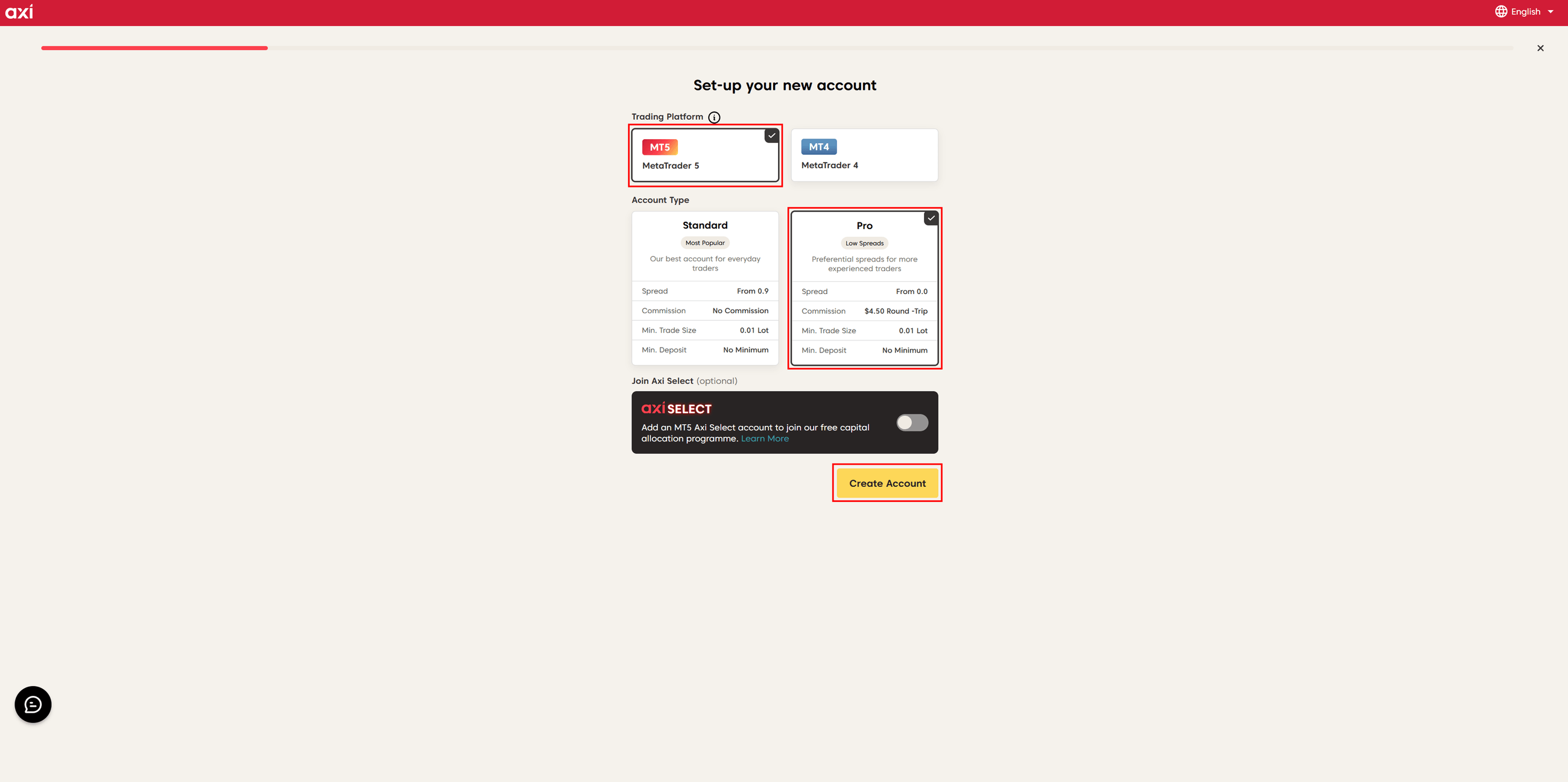 Axi set up your new account