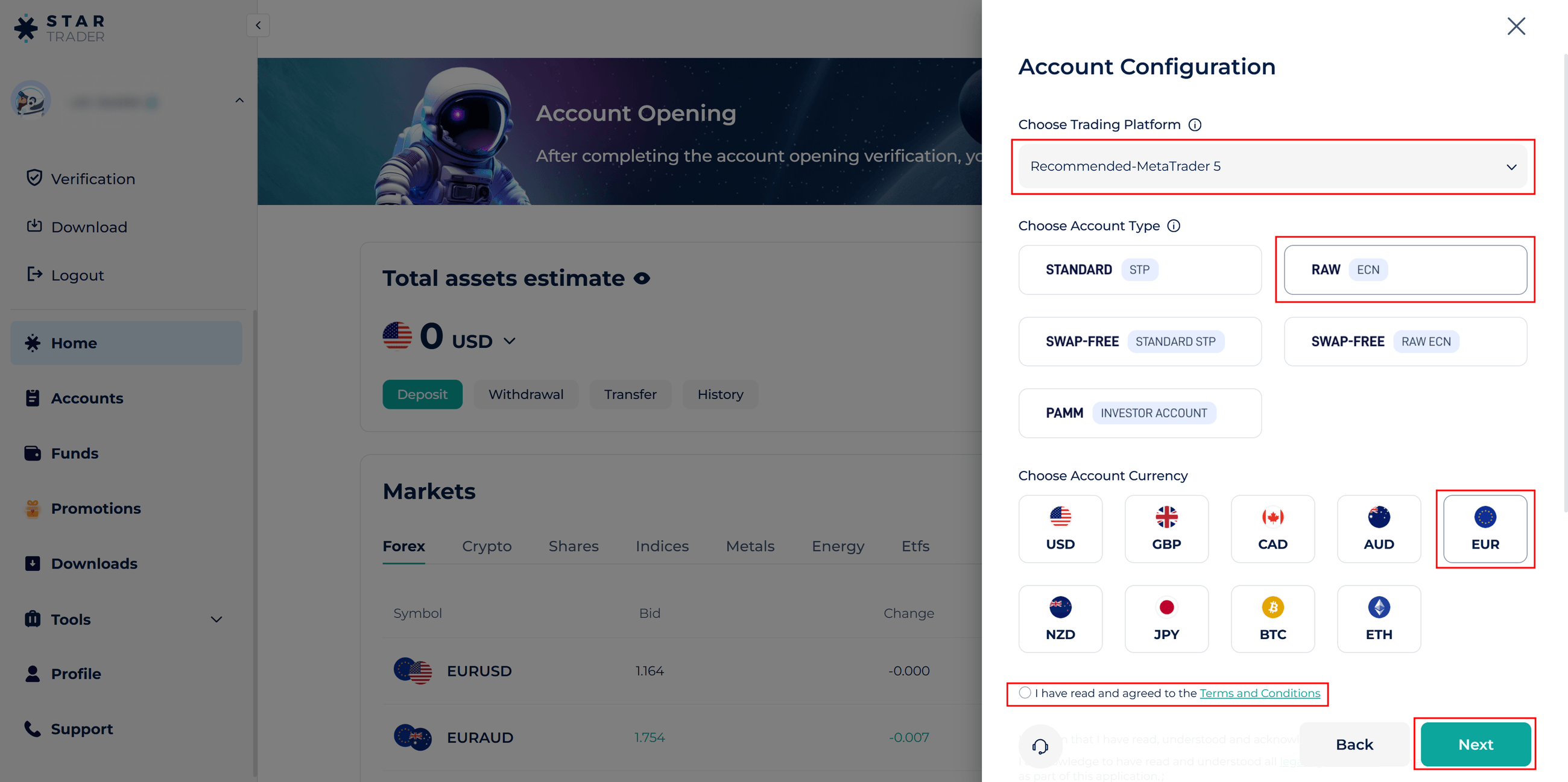 Startrader account configuration