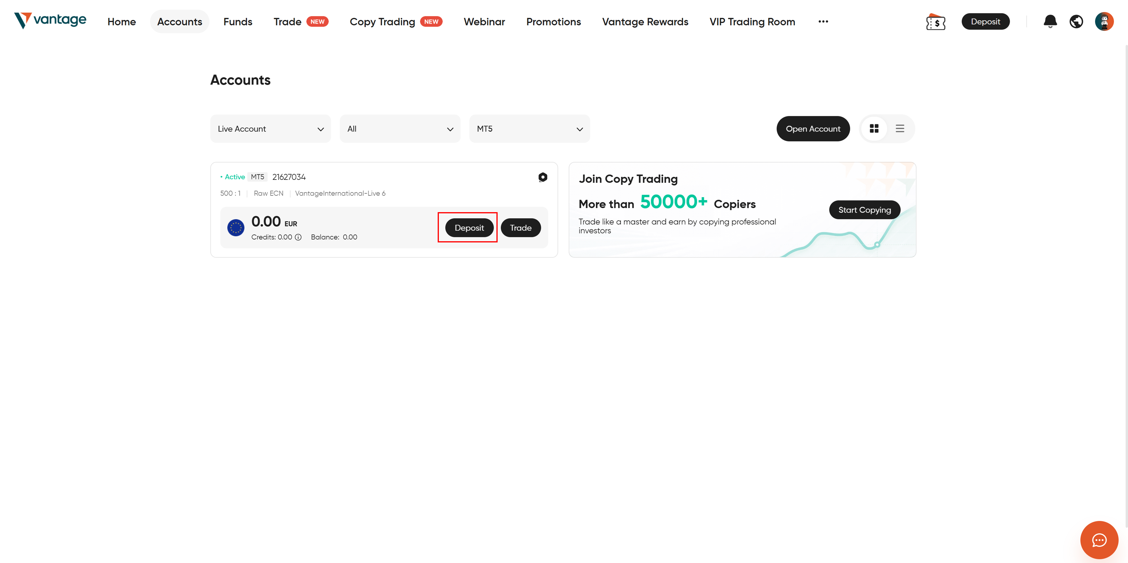 Vantage Markets Deposit button