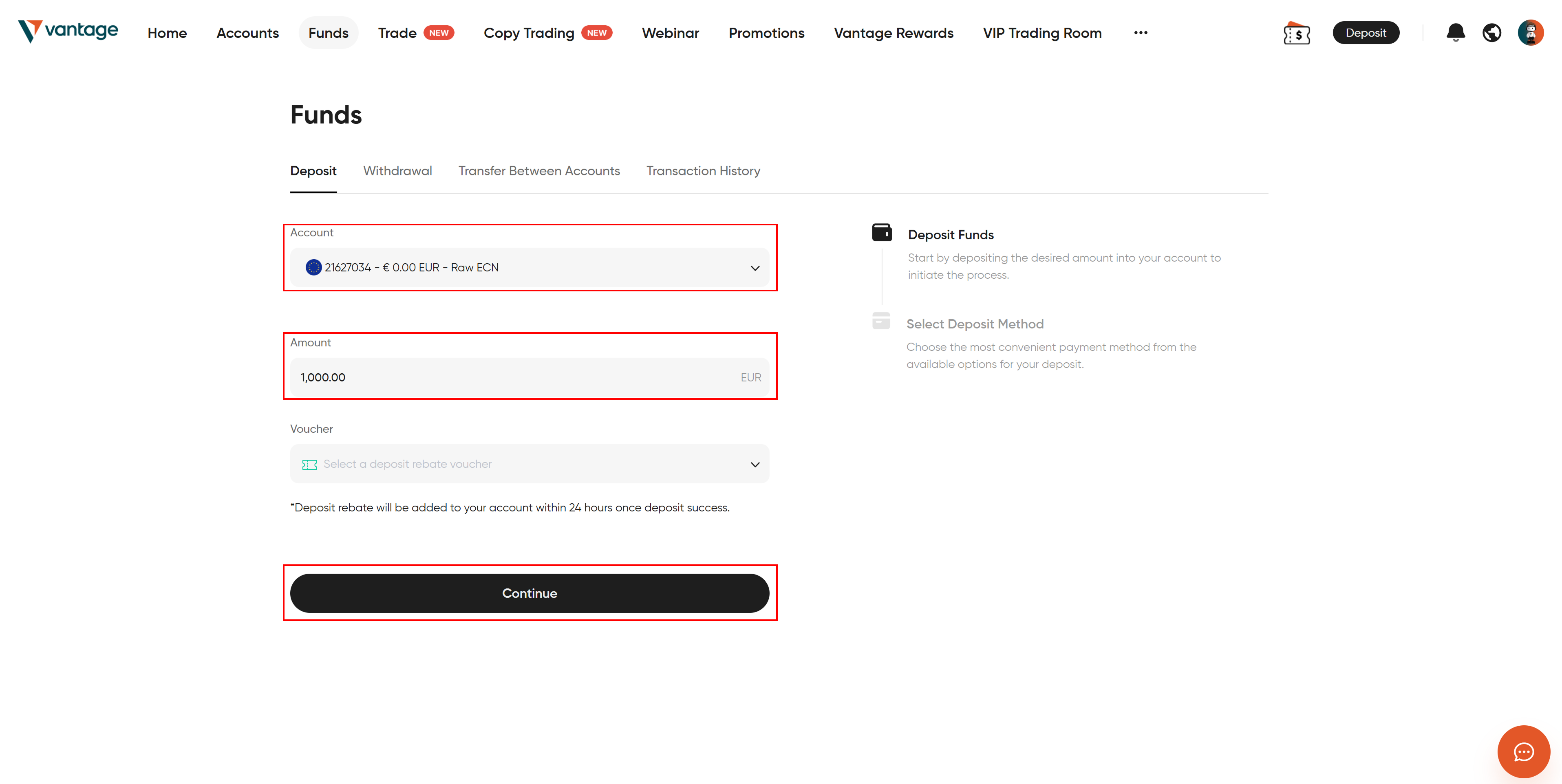 Vantage Markets deposit amount