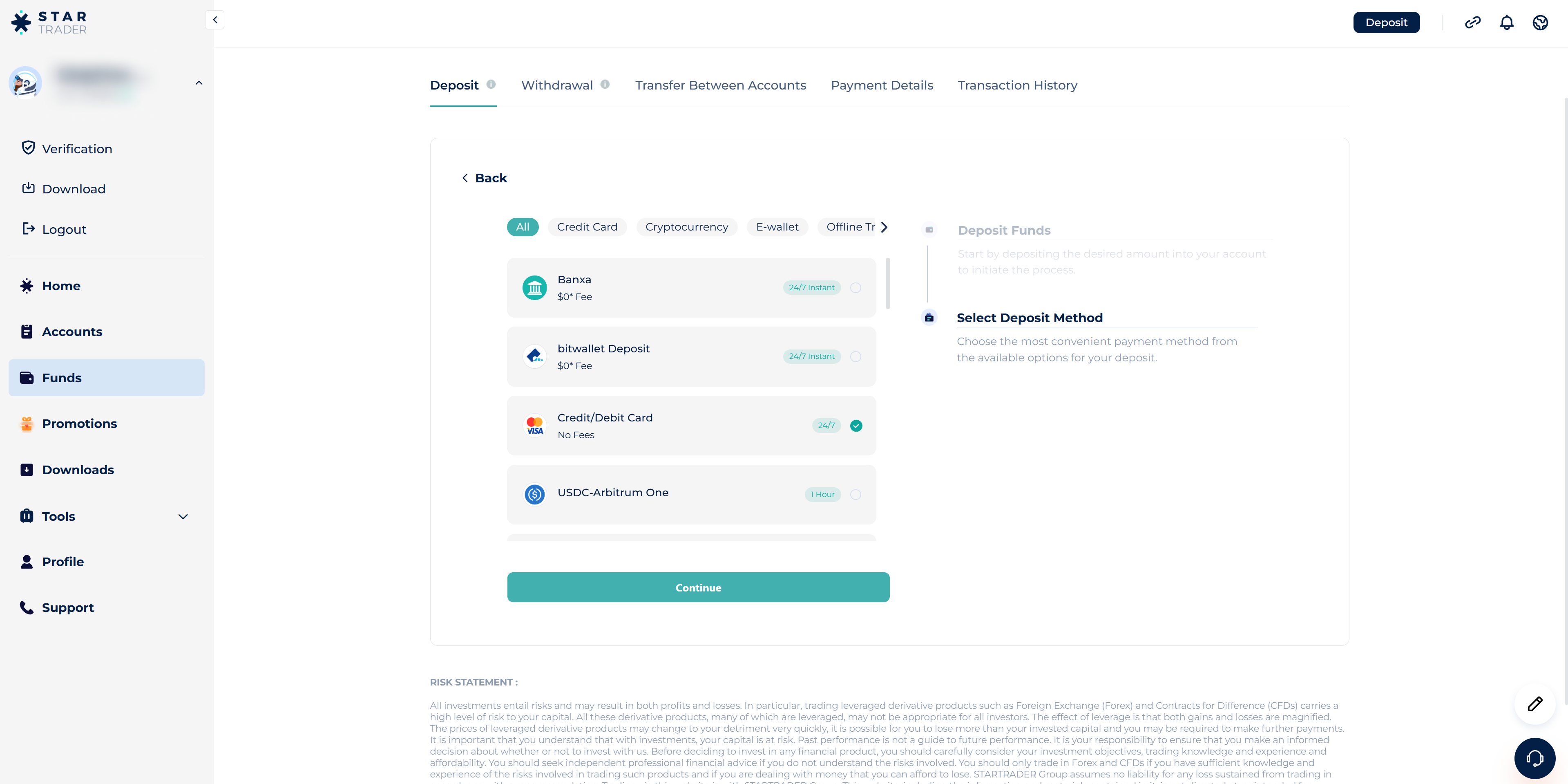 Startrader payment method selection