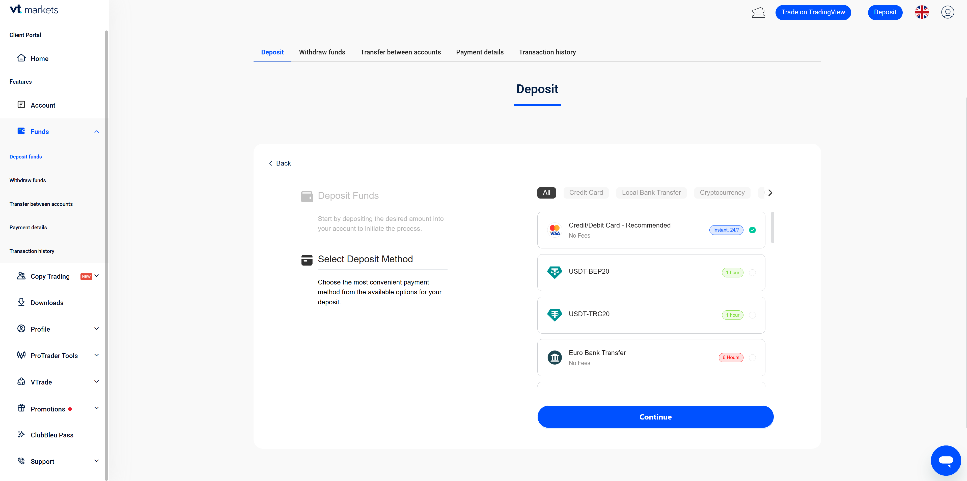 VT Markets payment method selection
