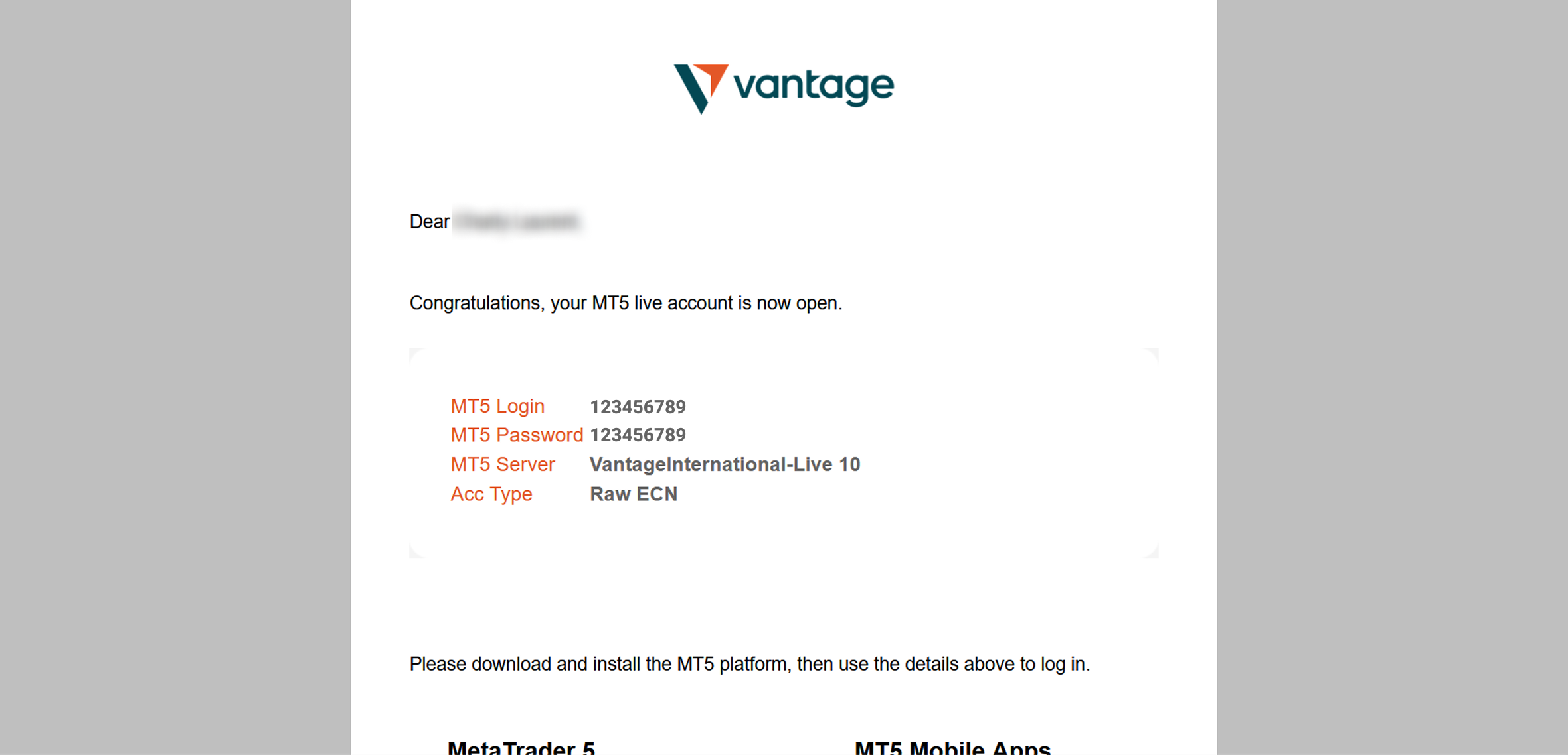 Example email showing MT5 credentials