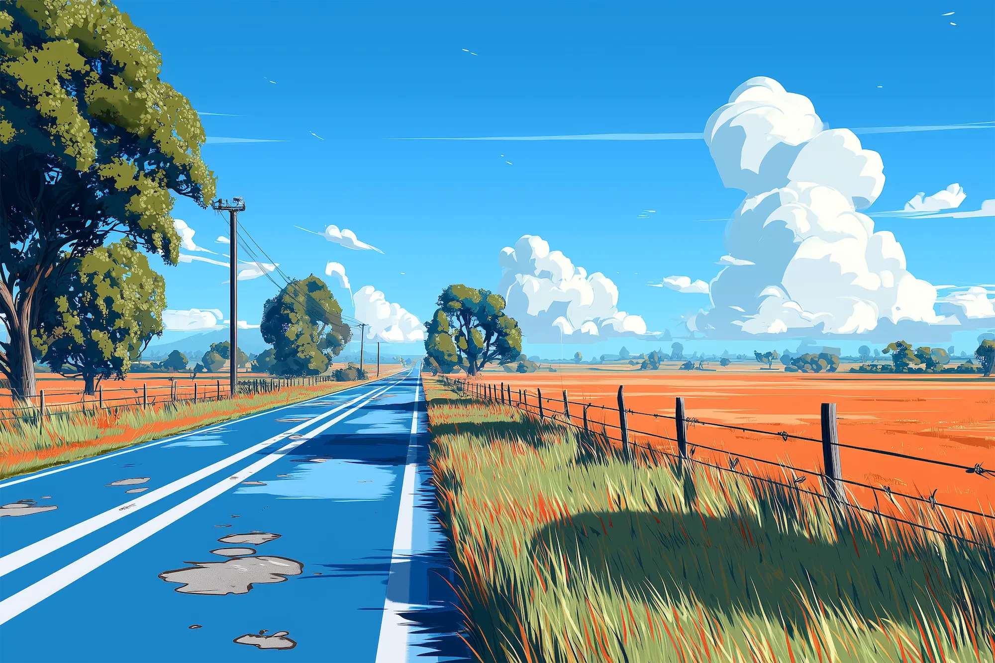 Long rural road with patches and white lines, flanked by green grass, trees, and barbed wire fence under a blue sky with large white clouds.