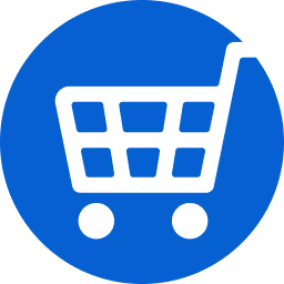 Blue circular icon with a black shopping cart symbol.