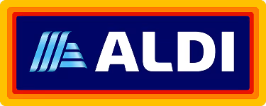ALDI logo with stylized blue 'A' and white text on a dark blue background framed by red and yellow borders.