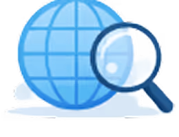 Blue globe with grid lines and a magnifying glass hovering over it.