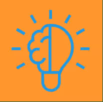 Blue line drawing of a lightbulb with a brain inside on an orange background.