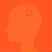 Silhouette of a human head with a gear symbol inside, representing thinking or mental processes, on an orange background.
