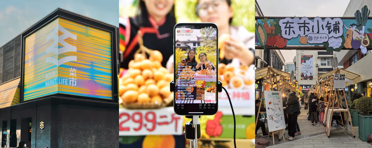Three-image collage showing a modern building with a colorful 'Market Life' sign, a live-stream shopping event featuring fruits on a smartphone screen, and a bustling outdoor market with stalls and shoppers.