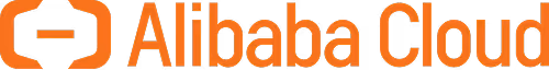 Alibaba Cloud logo with orange text and an abstract cloud symbol.