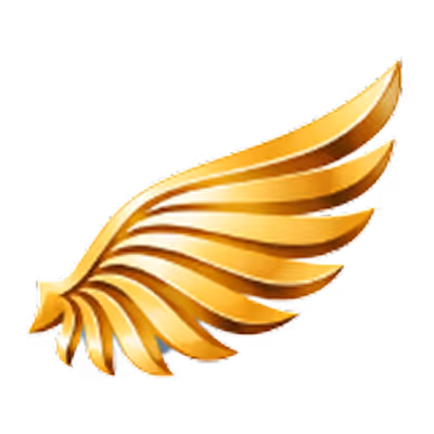 Stylized golden wing with layered feathers on a transparent background.