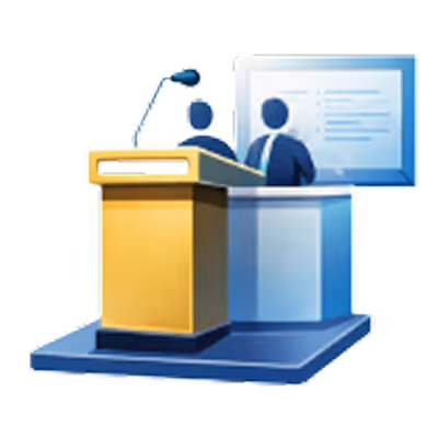 Illustration of a speaker at a podium with a microphone and an assistant standing beside a presentation screen.