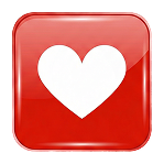 White heart icon on a glossy red square background.