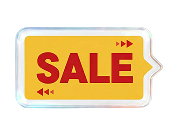 Yellow sale tag with red text and decorative arrows.