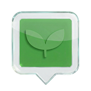 Green speech bubble icon with a leaf symbol inside.