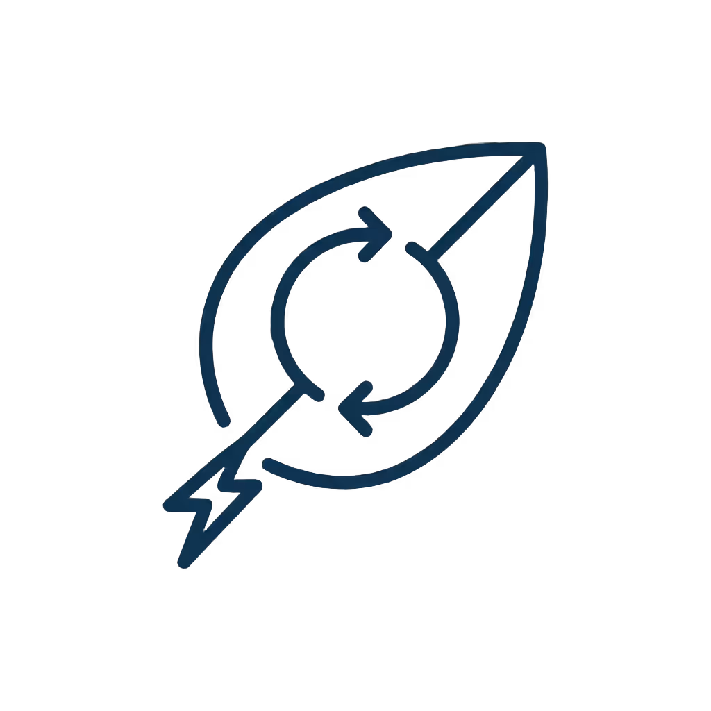 Outline of a leaf with a circular arrow symbol inside and a lightning bolt at the stem representing sustainable energy.