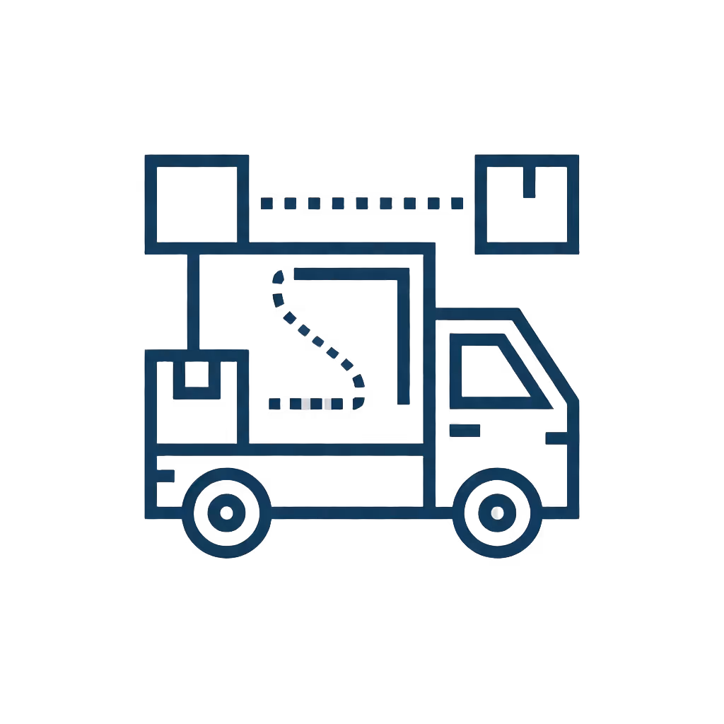 Icon of a delivery truck with connected packages representing supply chain logistics.